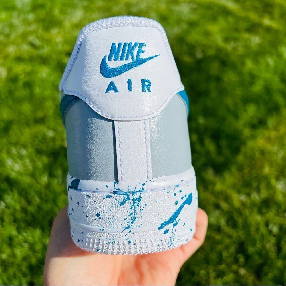 NIKE AIR Force 1 Men's Gray/Turquoise Colorblock Splatter Custom Sneakers NEW - Picture 5 of 6